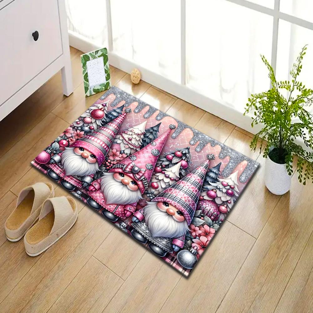 Christmas Themed Polyester Area Rug,  Polyester, Durable Chair Mat, Non-Slip Sofa Mat, Festive Floor Mat with Gnome and Tree