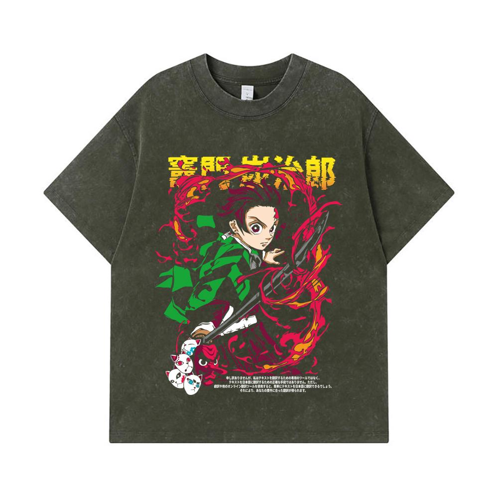 275 GSM Washed T-shirts 100% Cotton Demon Slayer V19 Tanjiro Print Unisex Heavy Cotton T Shirt