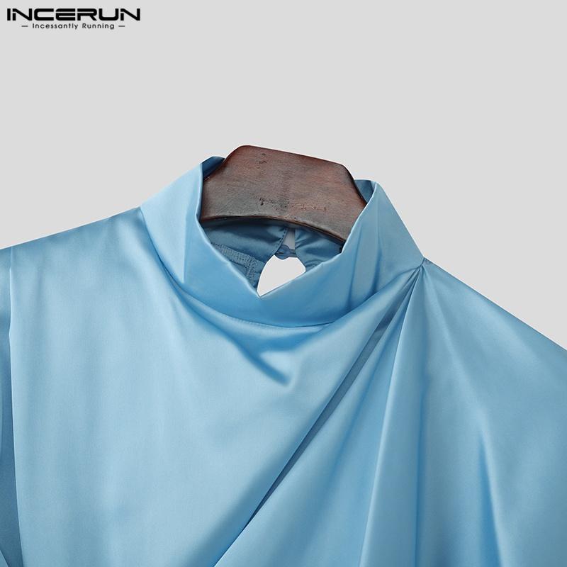 INCERUN Men Satnd Neck Short Sleeve Ireegular Layers Casual Satin T-shirts Tops