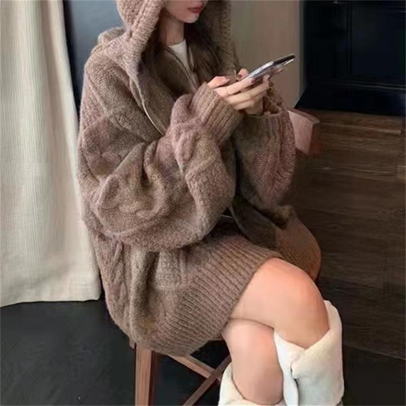 Ретро-твист однотонный свитер на молнии кардиган осень и зима свободный ленивый ветер с капюшоном вязаный кардиган куртка женская