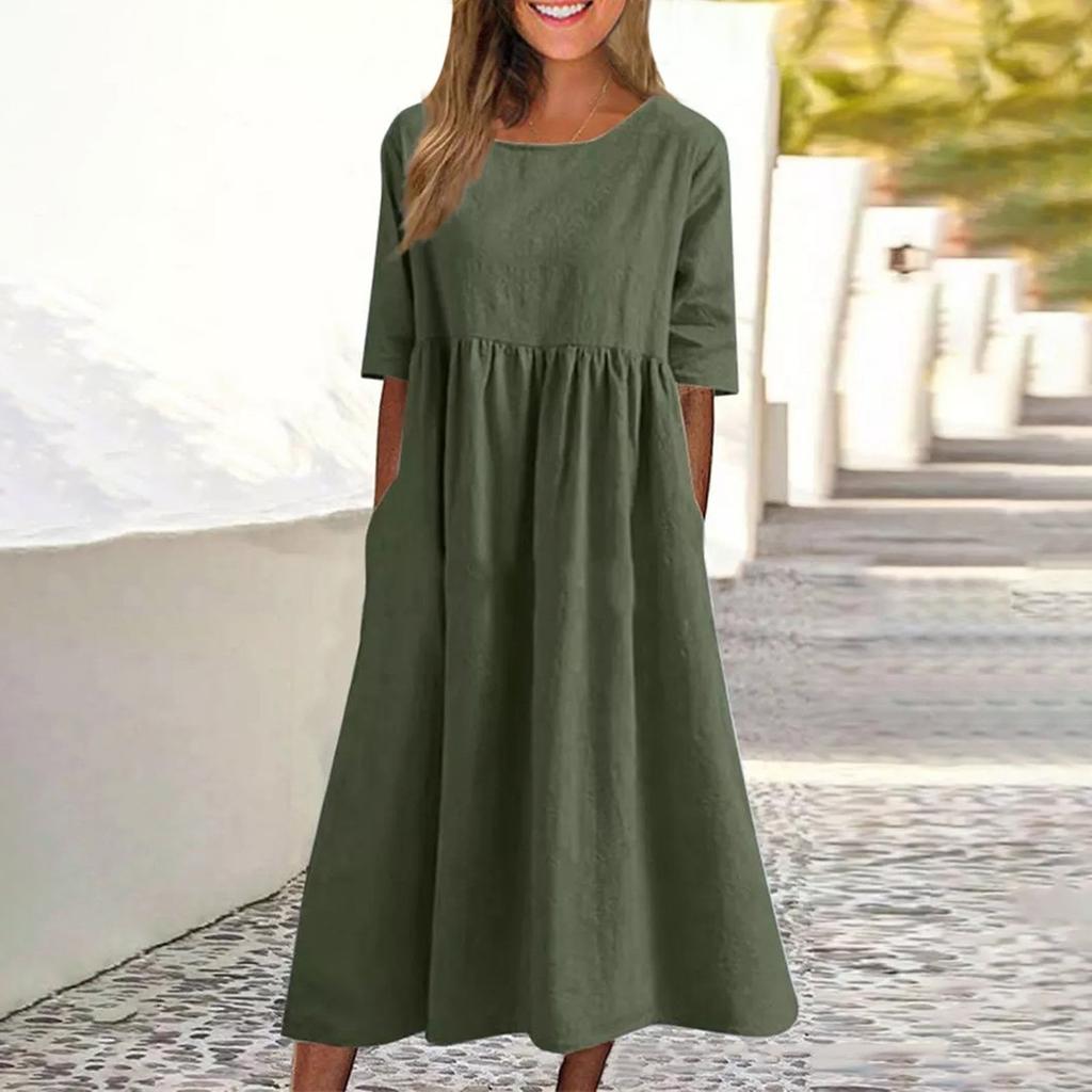 Women's Summer Solid Color Round Neck Half Sleeve Casual Long Solid Color Dress