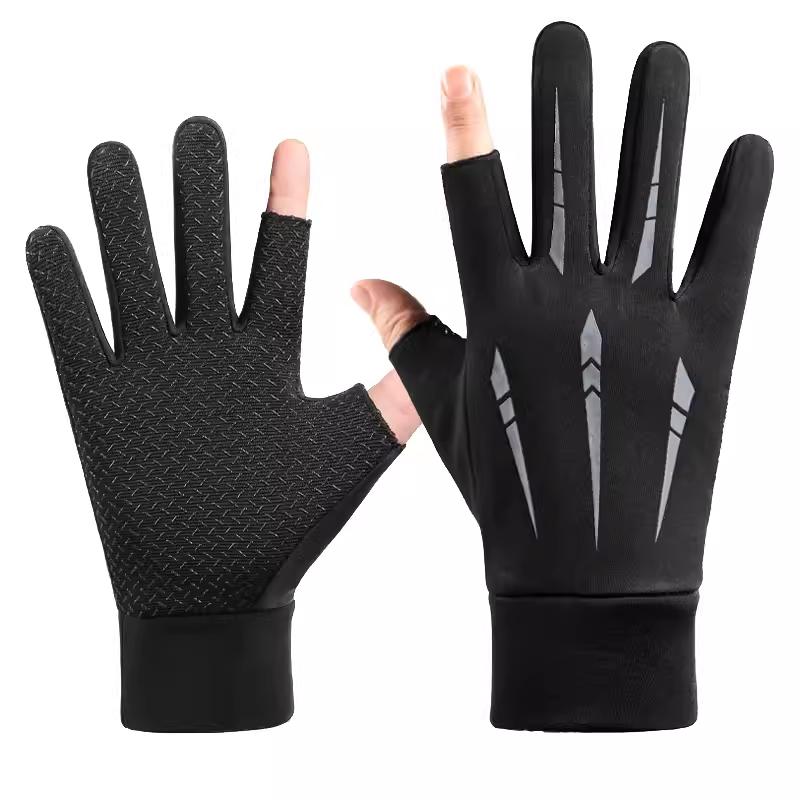 Cycling Gloves Men Winter Warm Fleece-lined Touch Screen Leak Two Finger Driving Non-Slip Windproof Sports Fishing Gloves