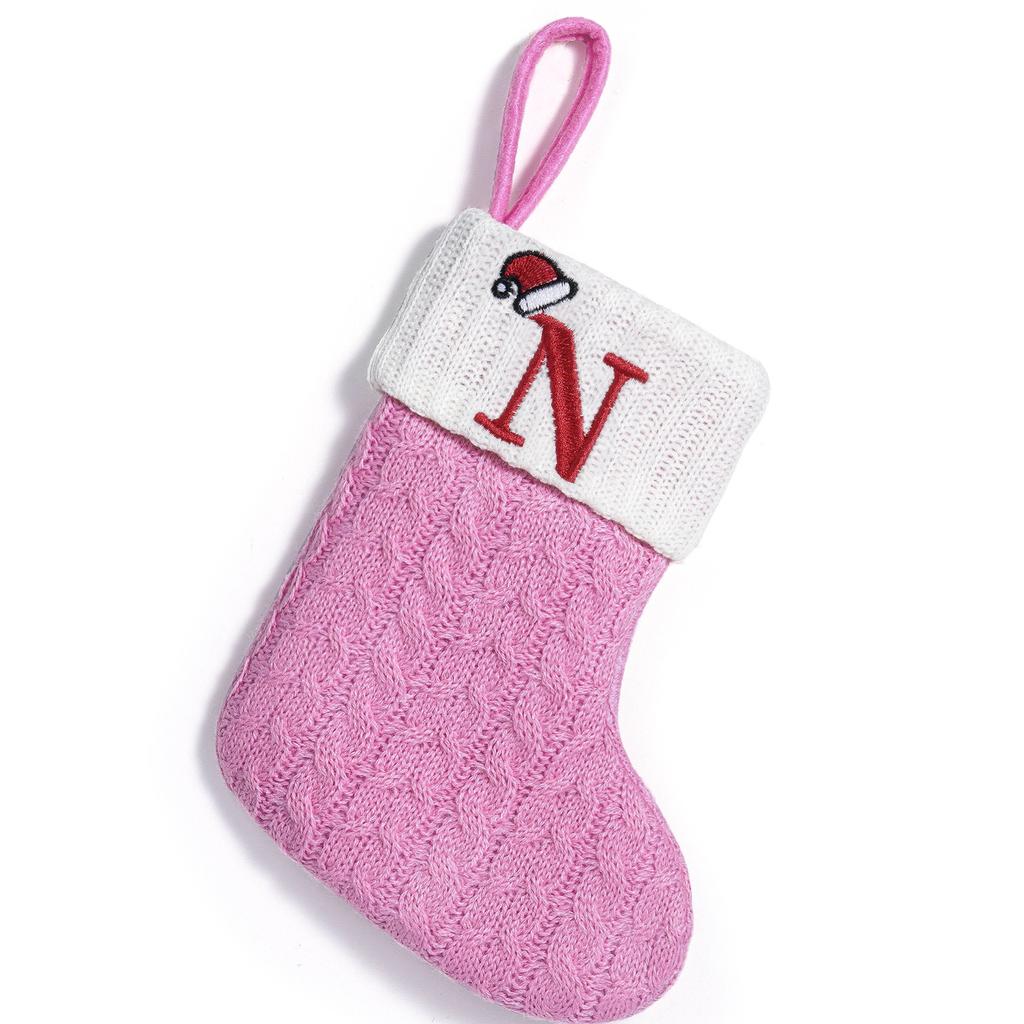 Pink Knitted Christmas Stocking with Embroidered Initial Letter, Hanging Holiday Gift Sock for Tree Fireplace Home Decor