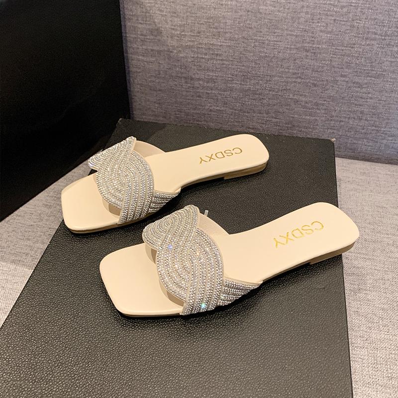 Модные стильные и удобные женские плоские повседневные тапочки для улицы, украшенные стразами