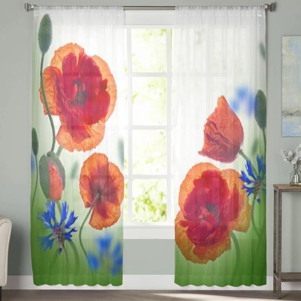 Прозрачные шторы с полем красных маков, вуаль для спальни, прозрачные шторы для гостиной, кухни, тюлевые шторы