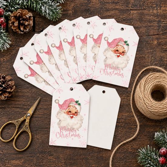 Paper Labels with Twine 50 Pcs Christmas Gift Tags, Merry Thick Santa Claus Tags Jute Rope for Holiday Wrapping, DIY Crafts, New Year Party