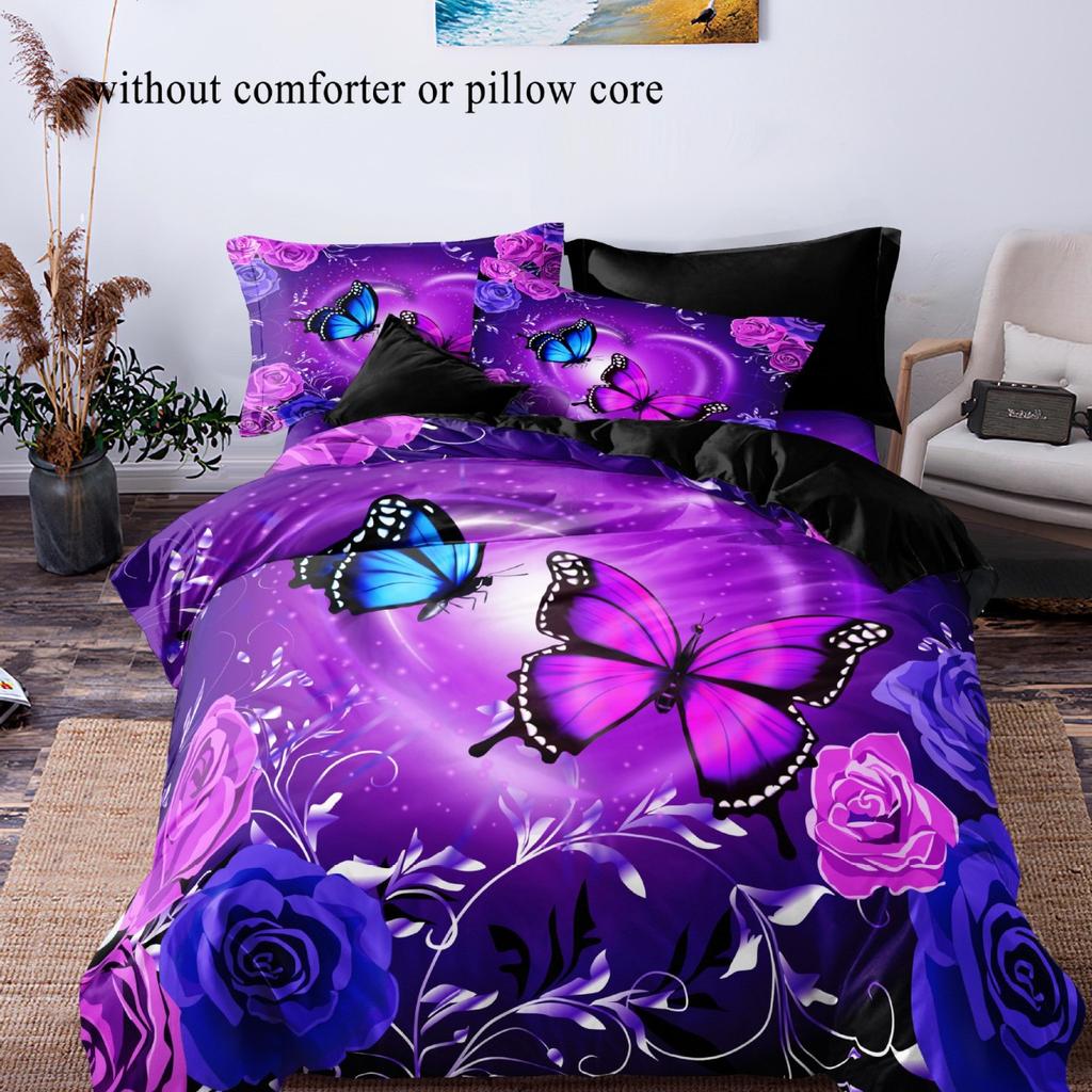 3D Digital Printing Butterfly Flower Three-Piece Bedding Quilt Cover, Direct Sales
