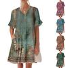Женское летнее платье с коротким рукавом и V-образным вырезом, короткие платья, модное повседневное струящееся платье в стиле бохо с оборками и карманами