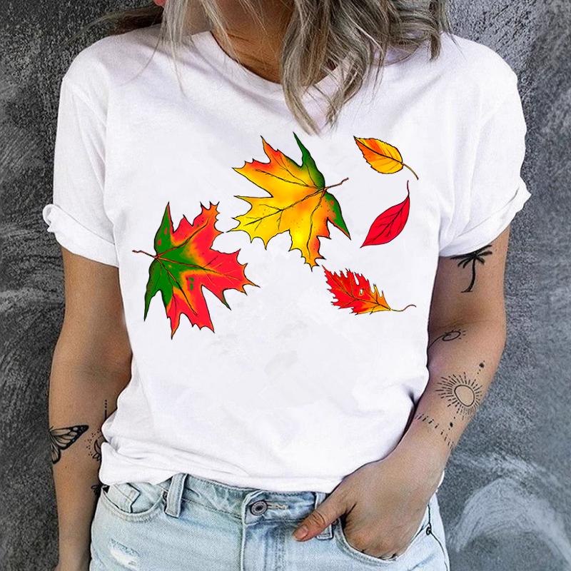 European American Style Women's Short-Sleeved T-Shirt with Leaves. Fruits Design Polyester Fabric Women's Summer polyester