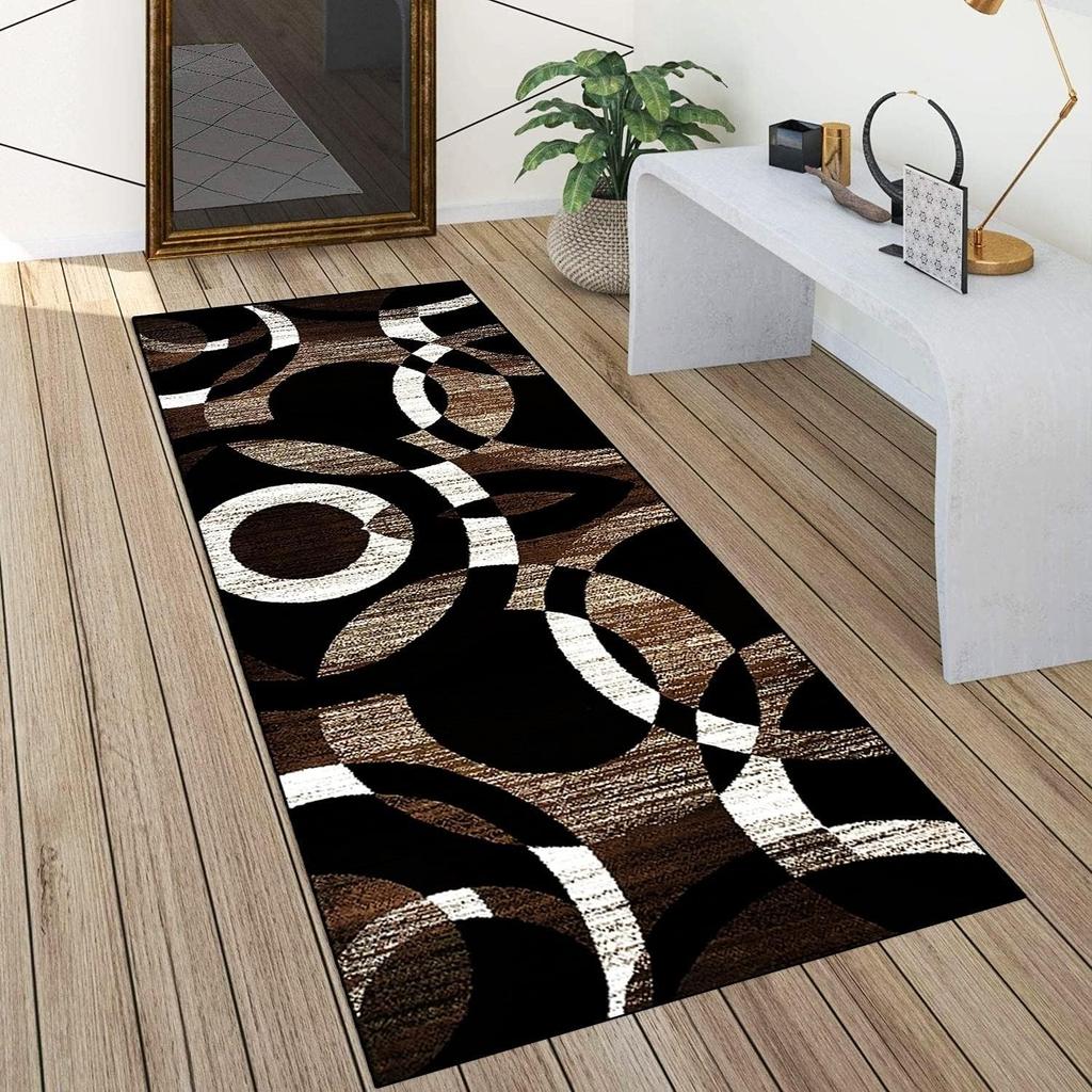 Geometric Style Carpet Runner Rug Hallway Kitchen Non Slip Washable Brown Modern Hall Rugs