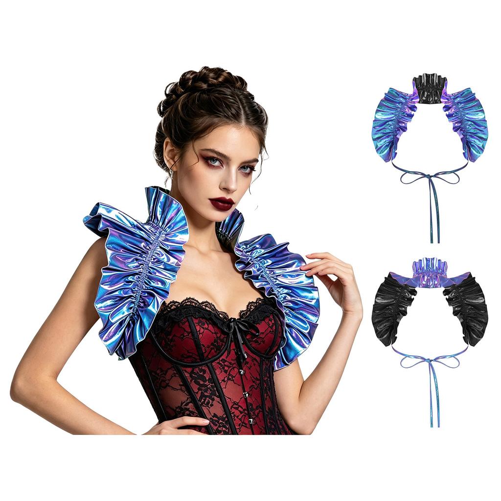Women Halloween Gothic Costume Shrug Metallic Ruffle Renaissance Style Bolero High Neck Frill Shawl for Theme Party