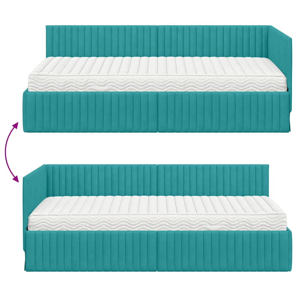 Corner Bed Frame with Mattress and Headboard 2 pcs Turquoise Velvet
