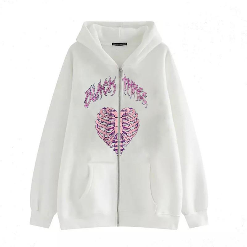Skull Wing Print Hooded Zip-Up Sweatshirt Women Loose Fit Fleece Lined Long Sleeve Streetwear