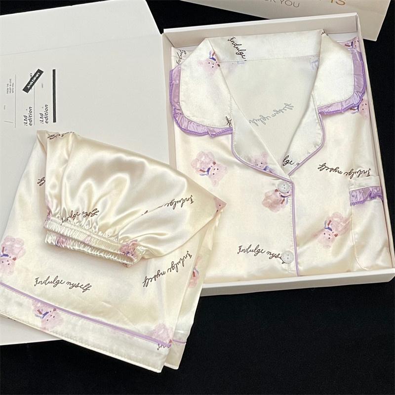 Peony Print Sweet Classic Short Women's Pajamas Simulated Silk Female House Clothing Summer Cool Casual Sleepwear