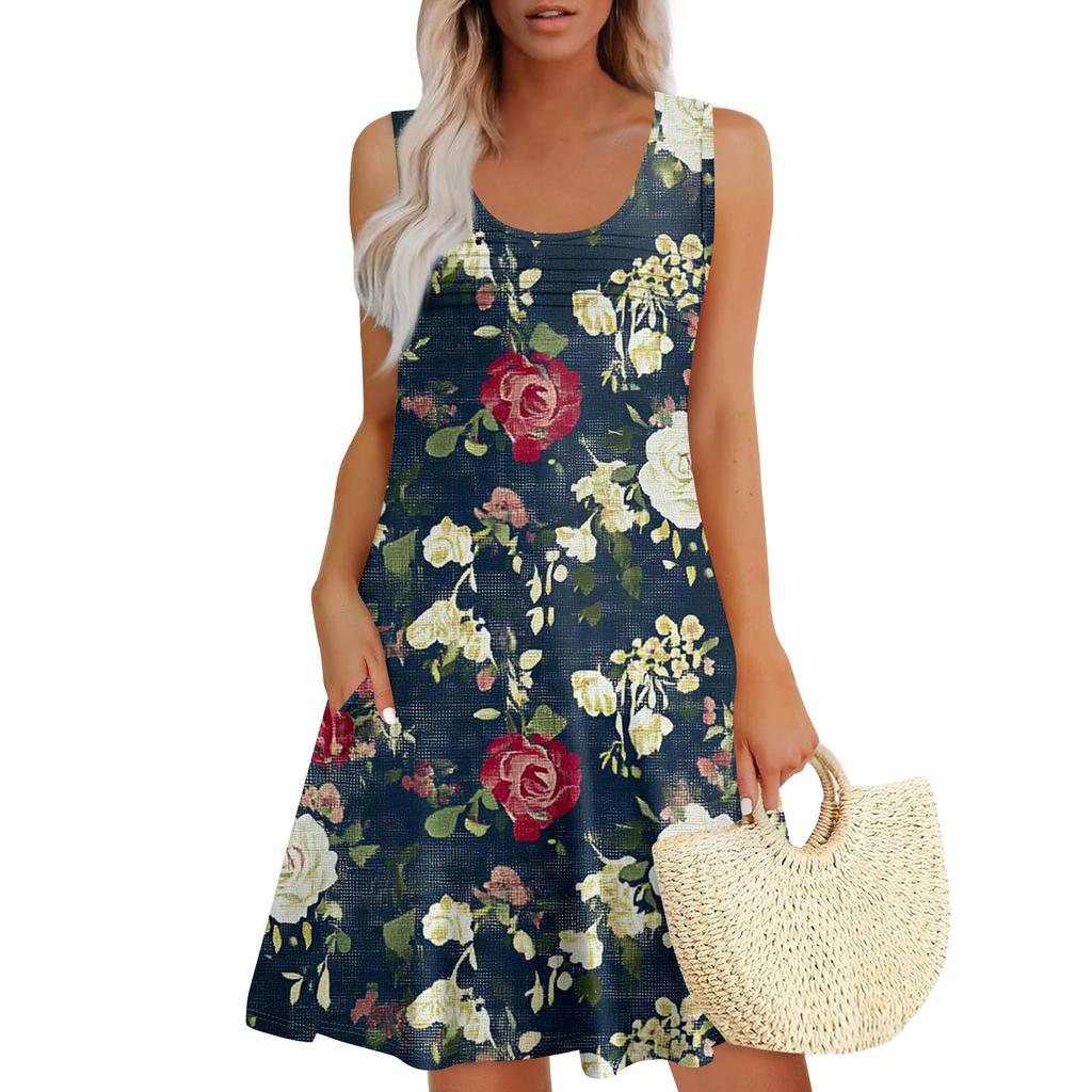 Womens Summer Dresses Loose U Neck Sleeveless Sundresses Dress With Pockets