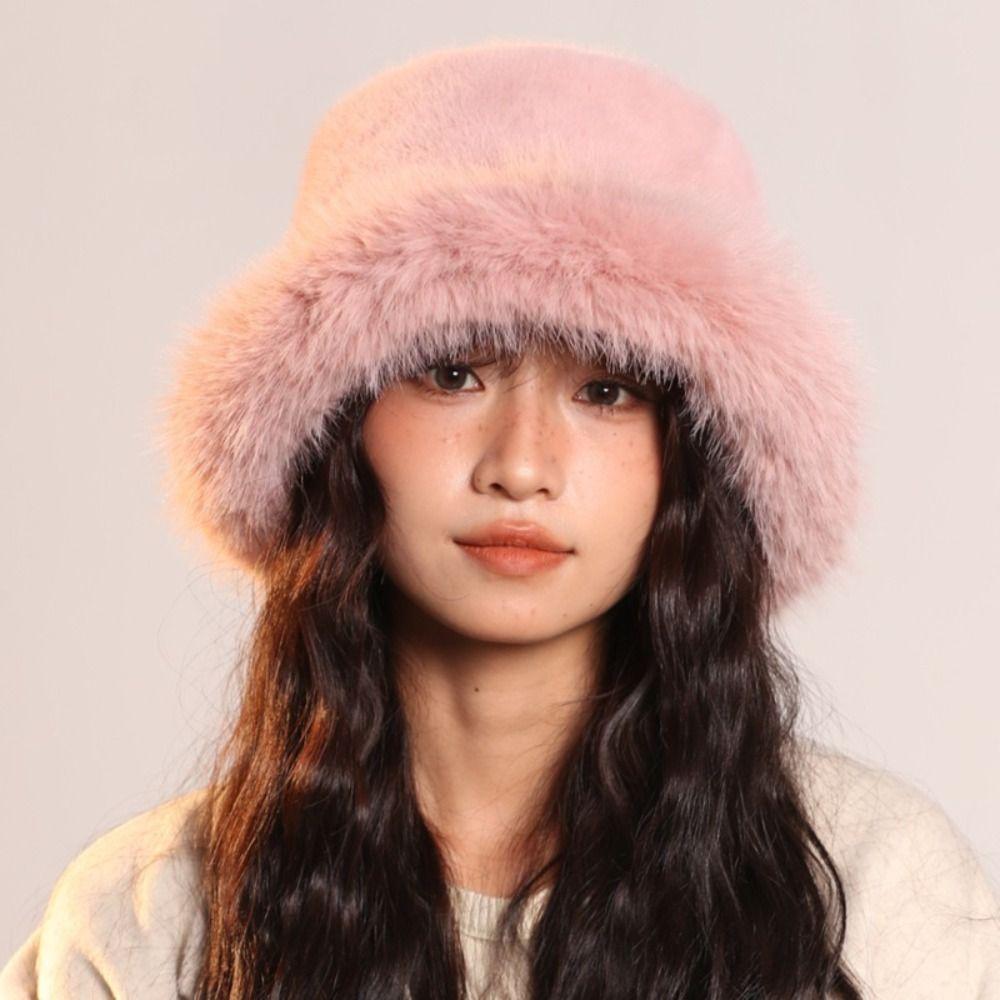Warm Artificial Fur Hat Imitation Fur Winter Cap Elegant Plush Bucket Hat Streetwear