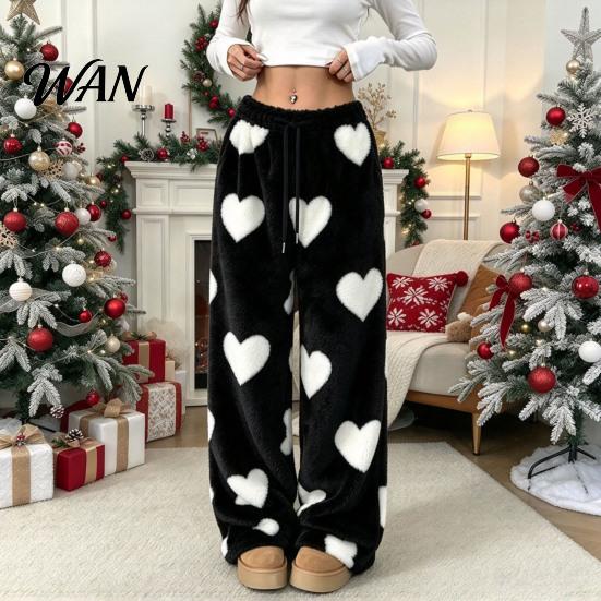 Comfy Autumn Pajama Bottoms Women Fuzzy Sleeping Pants, Heart Print Wide Leg with Elastic Lounge Trousers Waist Drawstring, Thickened Warm Pants