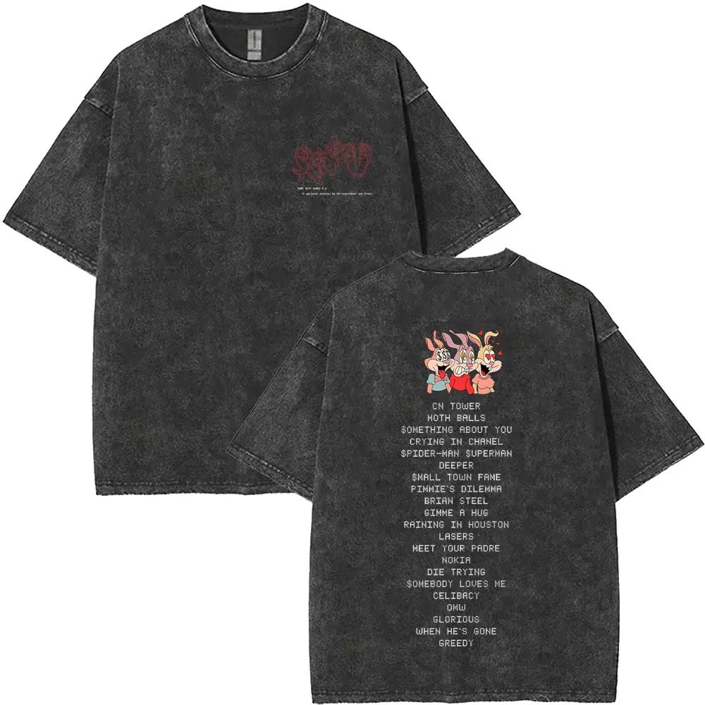 Washed Vintage Rapper Drake Face Graphic Tshirt Men Women Hip Hop Fashion Pop Music Tshirts Mens Cotton Oversized T Shirts