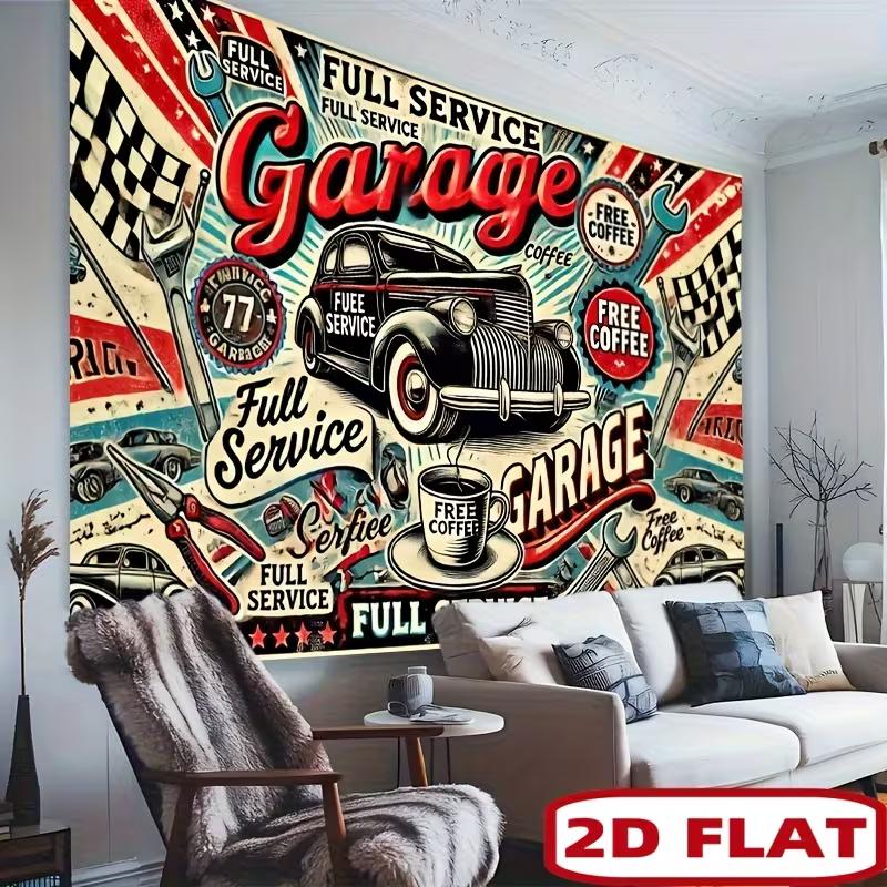 2D Flat Printing Retro Garage Backdrop for Man Cave & Mechanic Shop