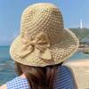 Новая летняя маленькая свежая соломенная шляпа от солнца женская маленькая шляпа-ведро простая бантик универсальная шляпа от солнца