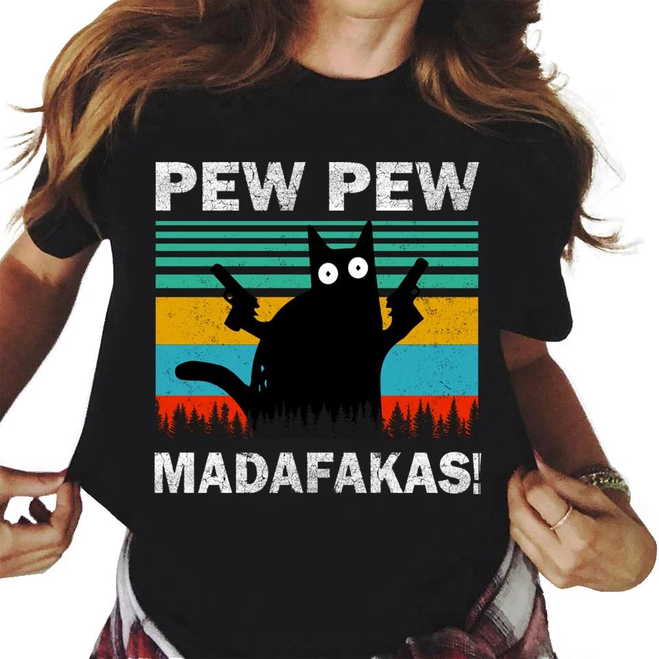 Футболка унисекс с графическим принтом Pew Madafakas с симпатичными черными кошками, модная повседневная футболка унисекс с круглым вырезом и коротким рукавом большого размера