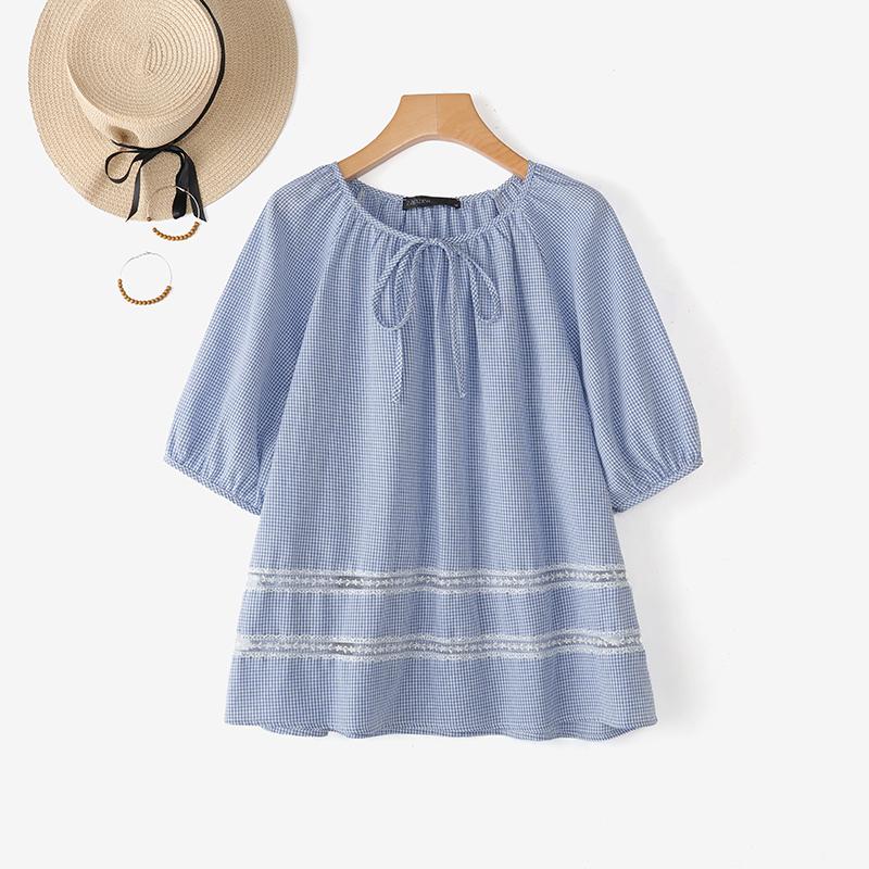 ZANZEA Женская повседневная блузка с круглым вырезом, свободного кроя, с коротким рукавом и принтом в клетку