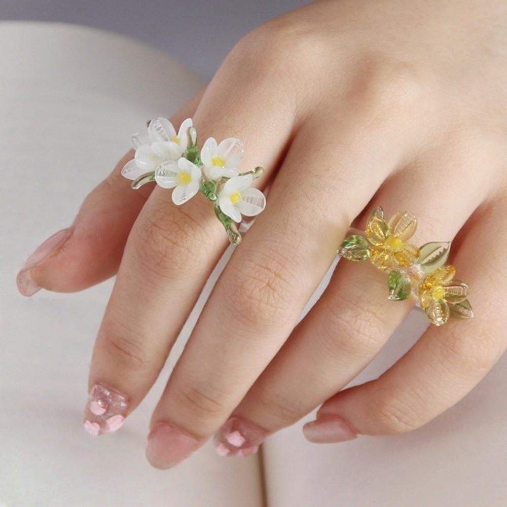Cute Flowers Finger Ring Fashion Coloured Glaze Ring Lotus Four-leaf Clover Ring Vacation