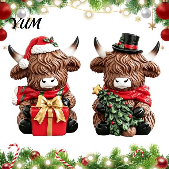 Indoor Entrance Shelf Displays Christmas Highland Cow Figurine, Resin Holiday Statue with Santa Hat & Unique Gift Ideas Box, Cute Sitting Calf Desktop