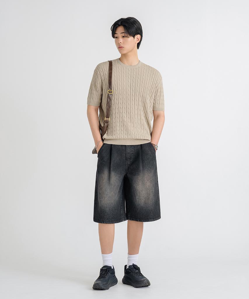 LEMAIN SECOND Oversized Washable Crew Neck Cable Short Sleeve Knit [Beige]