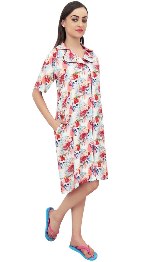 Bimba Floral Printed Women's Notched Collar Shirt Night Dress With Pockets -