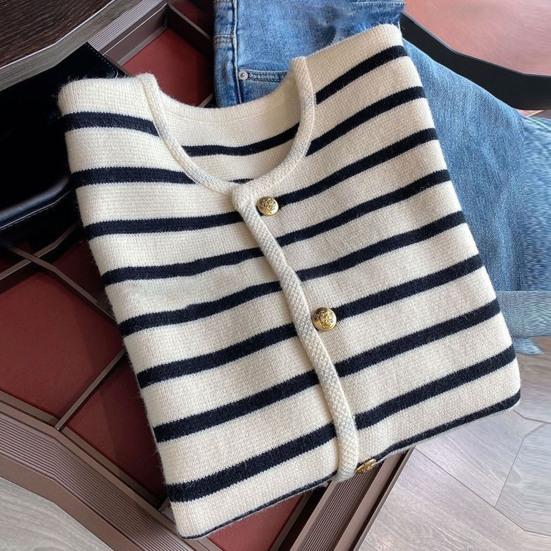 Женский полосатый вязаный свитер для девочек с круглым вырезом и длинными рукавами, однобортный пиджак