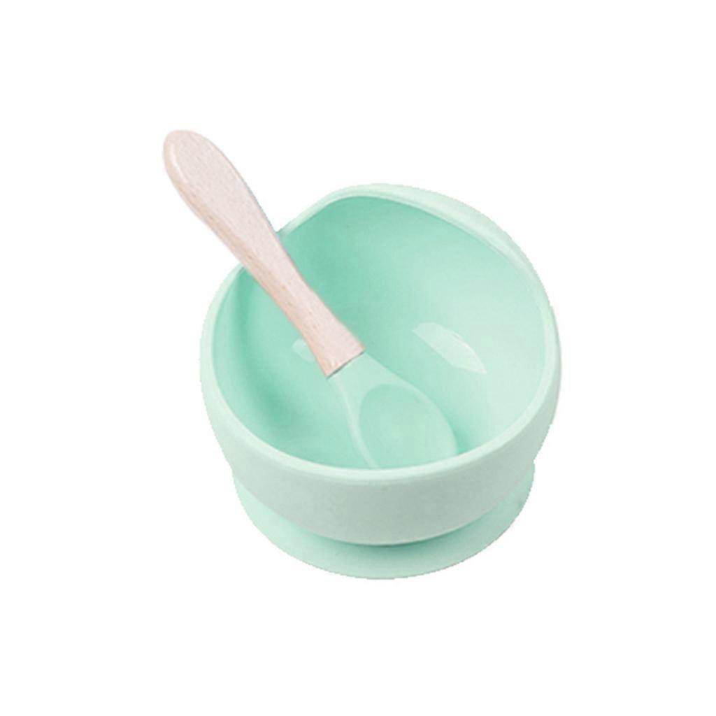 2 Pcs Baby Silicone Suction Cup Base Bowl Spoon Set Non-Slip Learning Feeding Tableware Kids Sucker Dishes Dinnerware Green
