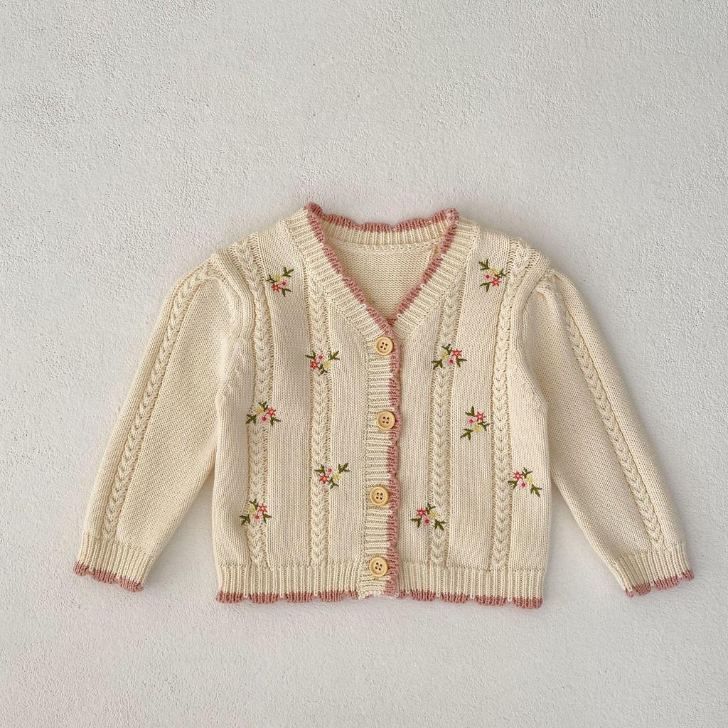 2025 Fall Versatile Baby Girl Embroidered Floral Cotton Knit Cardigan