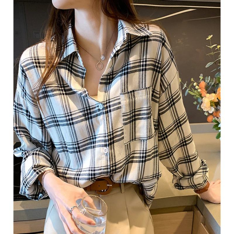 Women S Vintage Plaid Loose Long Sleeve Shirt