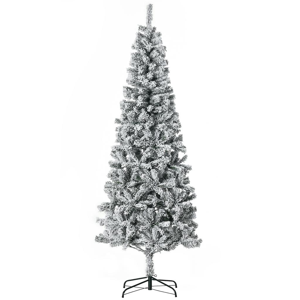 Slim Artificial Christmas Tree 210 cm with Realistic Branches, Tall and Narrow Snowy Christmas Tree with Folding Base, Green