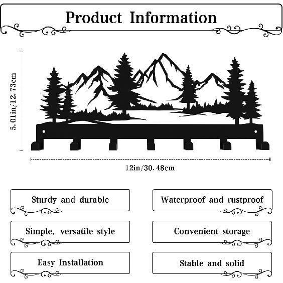 Key Holder Wall Mounted Key Hooks, Black Metal Key Rack Hooks, The Great Grove, Mountain Theme Wall Decoration Hooks, with 7 Hooks, Applicable to