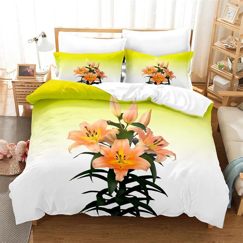 Lily Duvet Cover Set for Single Double Bed Pink Flower Quilt Cover King Size Bedding Set 2PCS 3PCS with Pillowcase Full Twin New