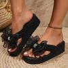 Fashion Black Mesh Bowknot Wedges Slippers Women Plus Size 36-43 Outdoor Platform Flip Flops Woman Summer Lightweight Clip Toe Sandals