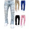 Men's Regular Fit Stacked Jeans Ripped Slim Fit Patch Distressed Destroyed Straight Denim Pants Hip Hop Streetwear Trouser Cloth