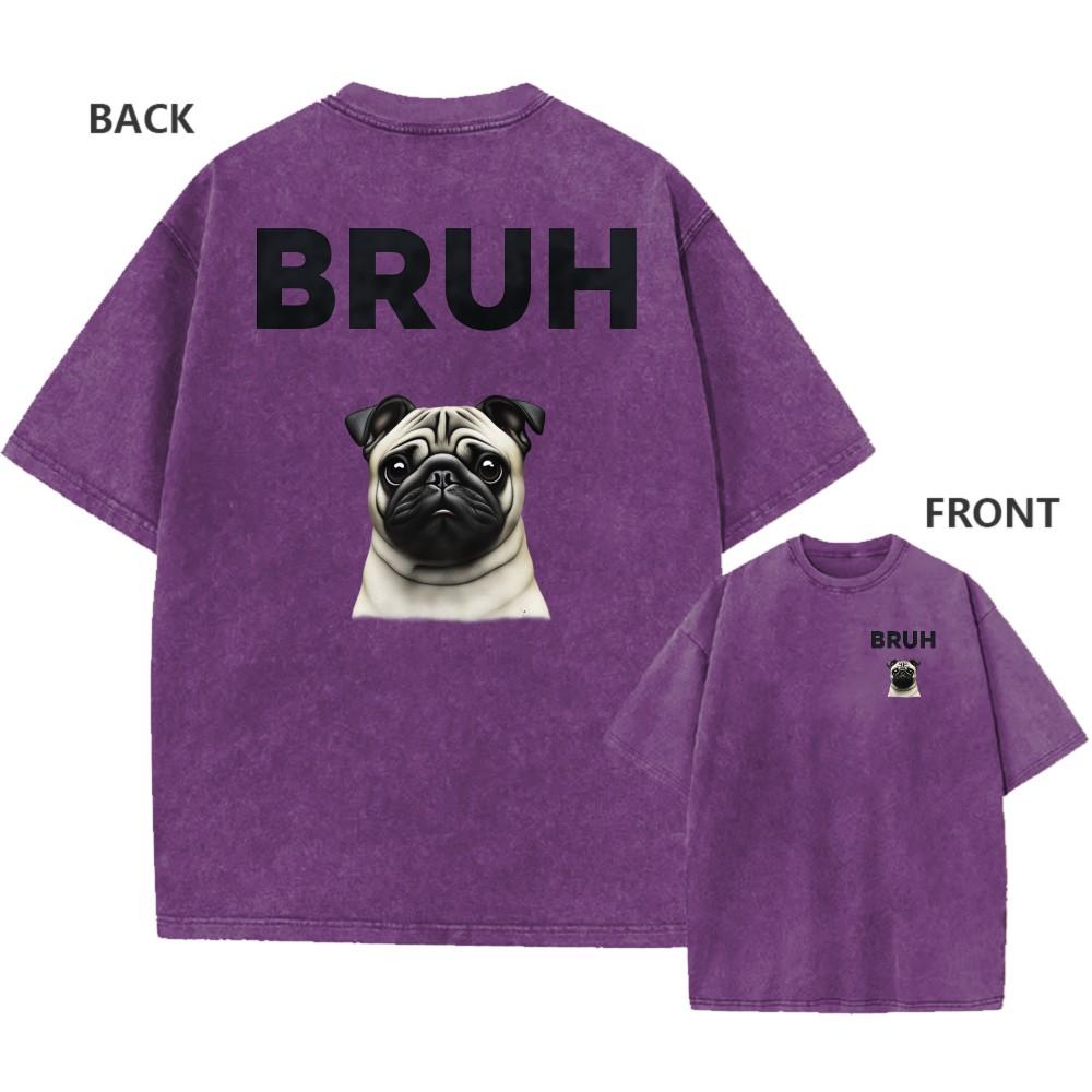 Oversized Vintage Washed TShirt Funny Pug BRUH Print Unisex Casual Tee