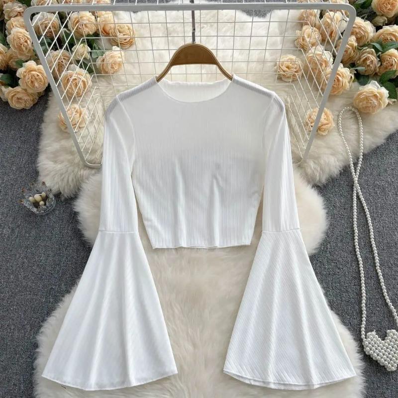 Hotsweet Elegance Casual Fashion Расклешенный рукав Короткий О-образный вырез Тонкая футболка и блузки Топ Лето Осень Одежда Для Женщин Базовые