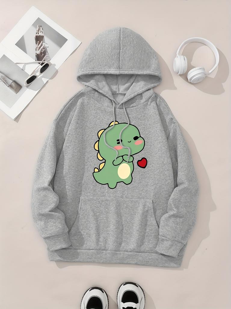 2025 Women's Autumn Winter Cute Heart Shaped Dinosaur Printed Top Casual Sweatshirt Women Round Neck Comfortable Clothing