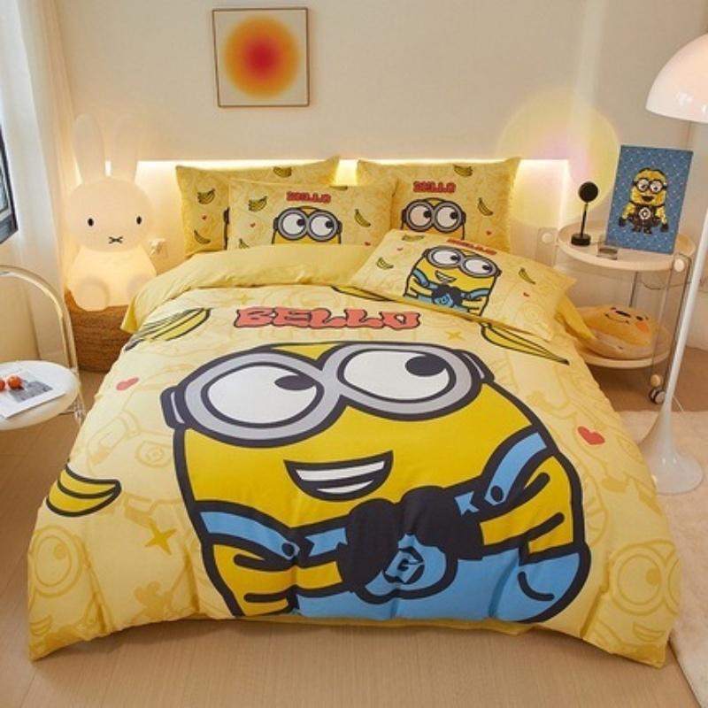 Пододеяльник Наволочка, Миньон Дом Спальня Постельное белье Милый принт, Мальчики, Девочки и Детский Мультяшный Комплект из Трех Предметов 155x220см