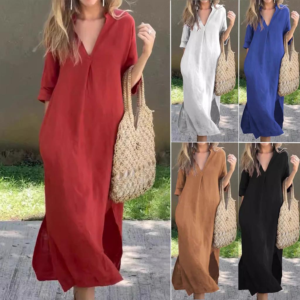 Plus Size Summer Dresses For Woman Casual Solid Color V Neck Mid Dress Loose Women Mother Clothes