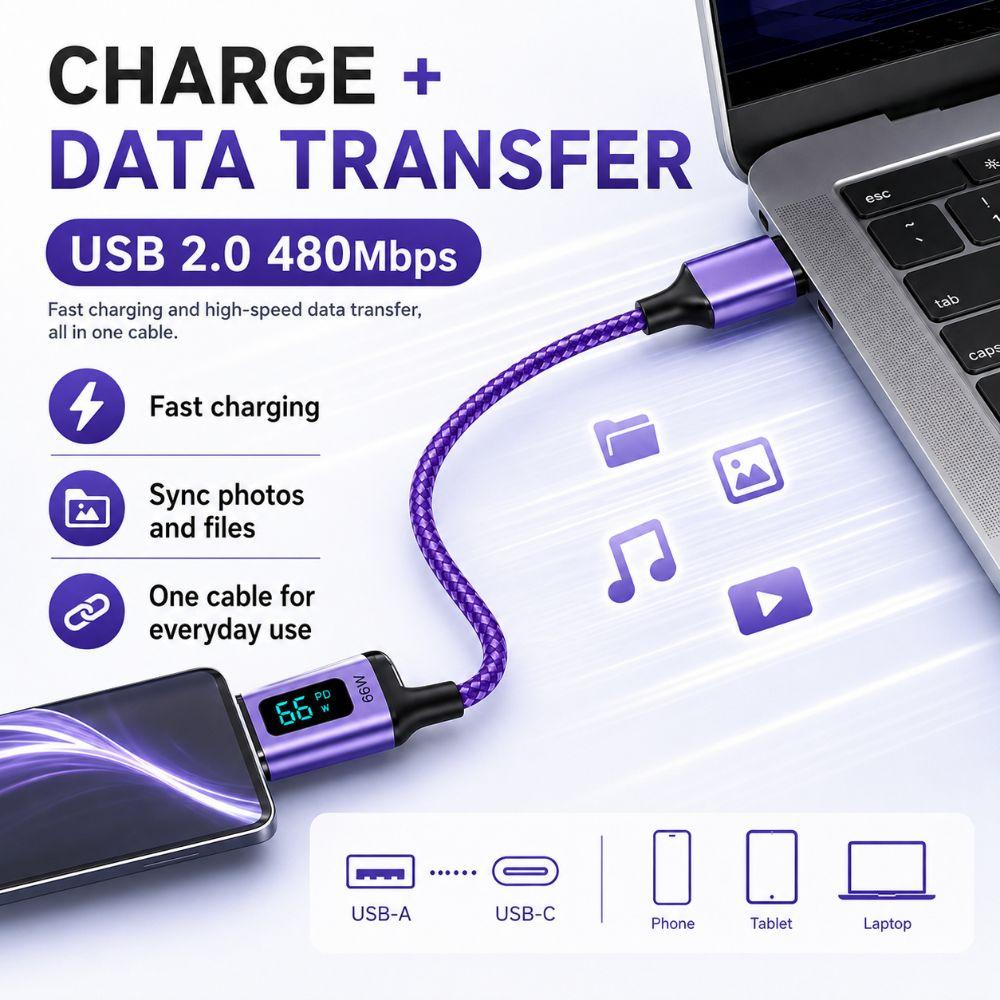 66W USB-A to USB-C Cable Nylon Braided Fast Charging Data Cable Phone Charging