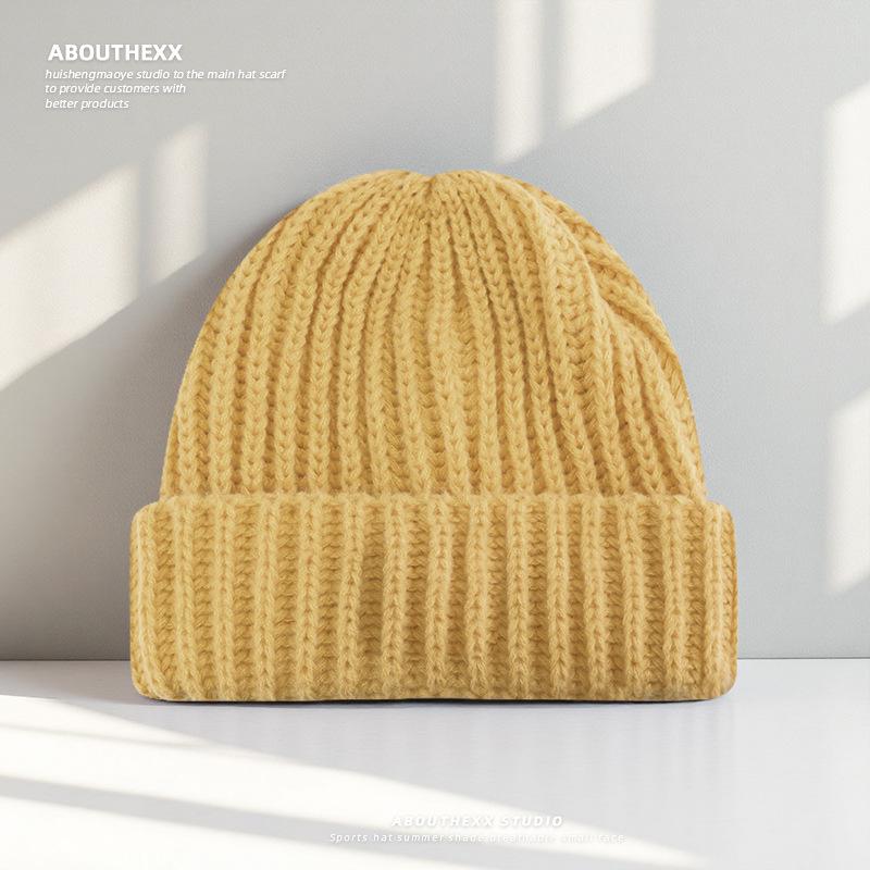Large Size Face Slim Hat for Women Autumn and Winter Solid Color Thick Knitted Hat Cold Proof and Versatile Ear Protecting Wool Hat for Men