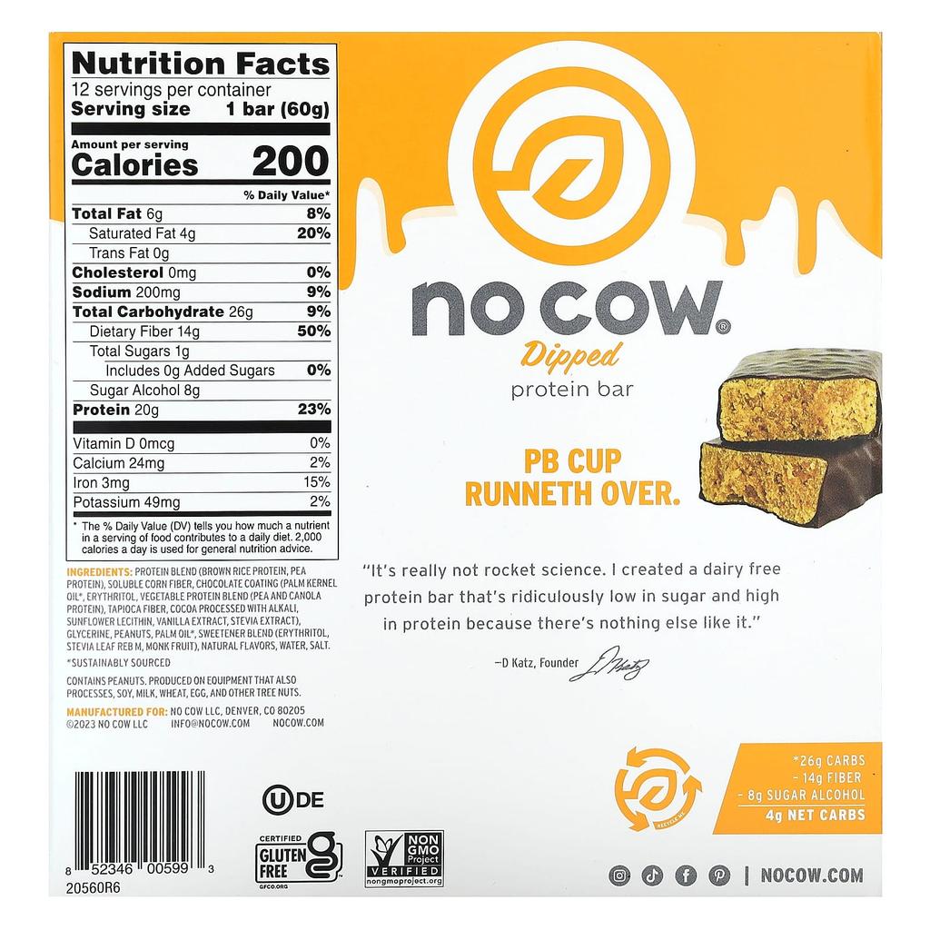 No Cow Dipped Protein Bar, Chocolate Peanut Butter Cups, 12 Bars, 2.12 Oz (60 G) Each
