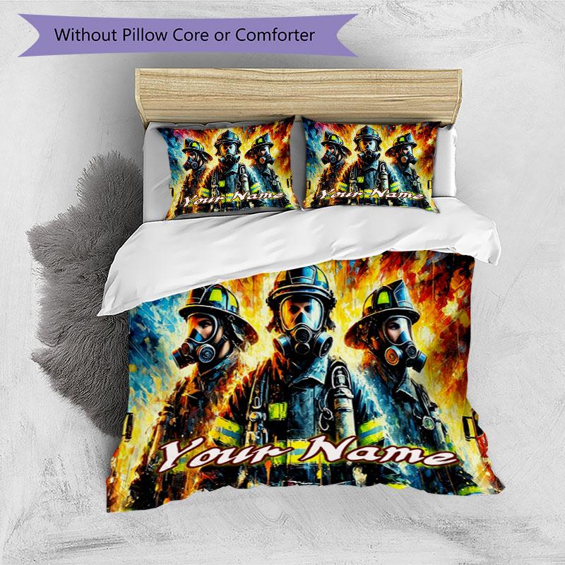3PC Custom Name Firefighters Flames Bedding Set Duvet Cover Closure Includes 1 Duvet Cover & 2 Pillowcases for Bedroom
