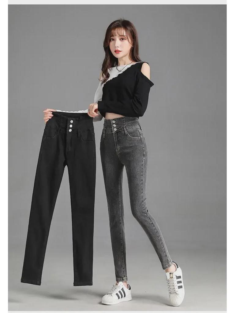 Женские обтягивающие джинсы с высокой талией и тремя пуговицами, эластичный крой, осенне-зимний стиль Nine-Point