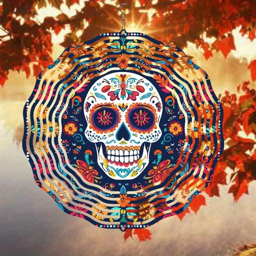 2D Metal Sugar Skull Wind Chime with Floral Design Colorful Wind-Powered Hanging Decor for Garden Patio Holiday